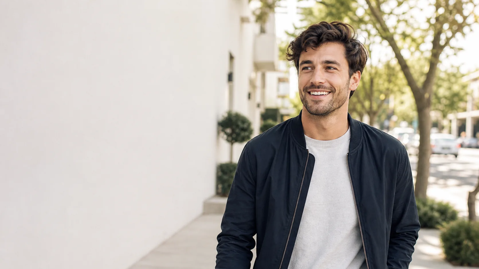Smiling man walking outdoors in soft daylight